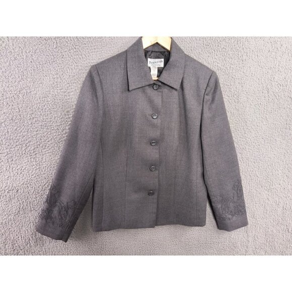 Pendleton Blazer Womens Size 8 Virgin Wool Gray Jacket Floral Embroidered Sleeve - Picture 1 of 12